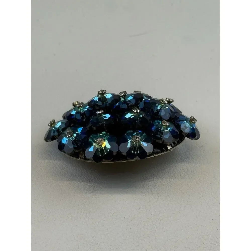Vintage Blue Green Marguerite Rivoli Flower Beaded Brooch